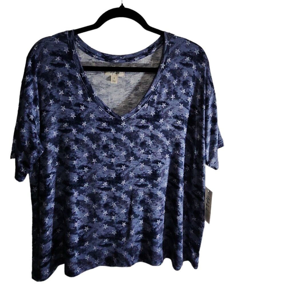 Brand: Women’s Style & Co, Medium Blue Stars V-neck Tee shirt